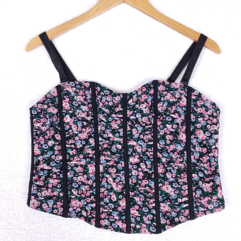 Torrid Floral Mesh Corset Top Black Pink Blue Ruched Bustier Plus Size 2
